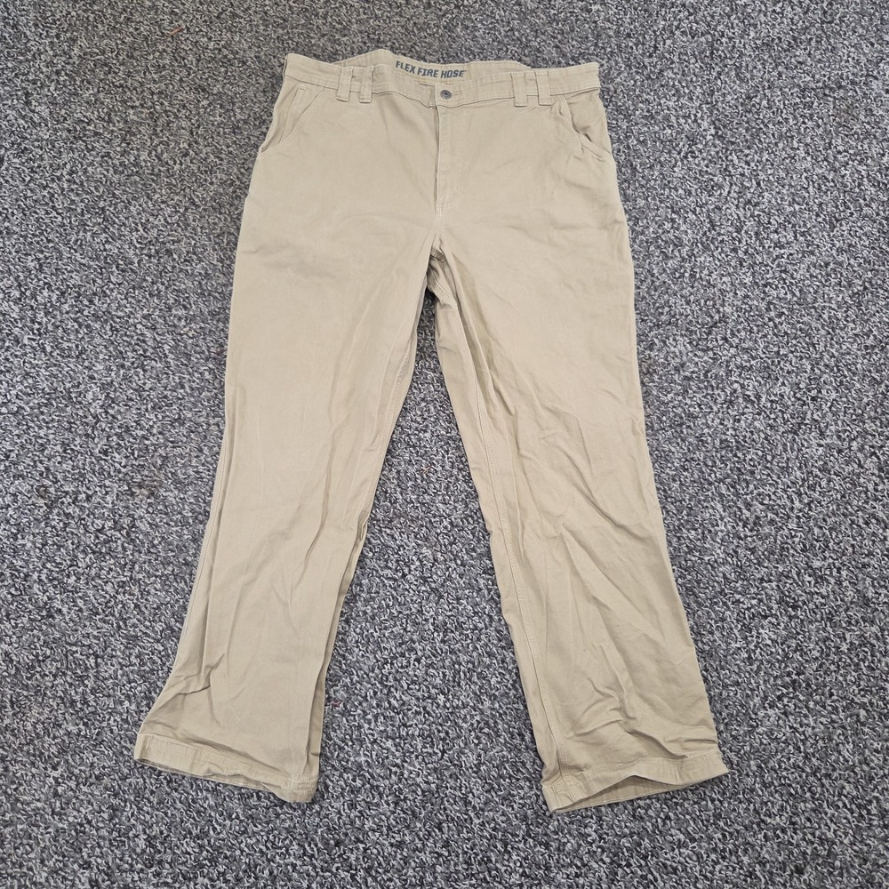 Duluth Trading Flex Fire Hose Pants Men 42x32 Beige Workwear Stretch Relaxed Fit